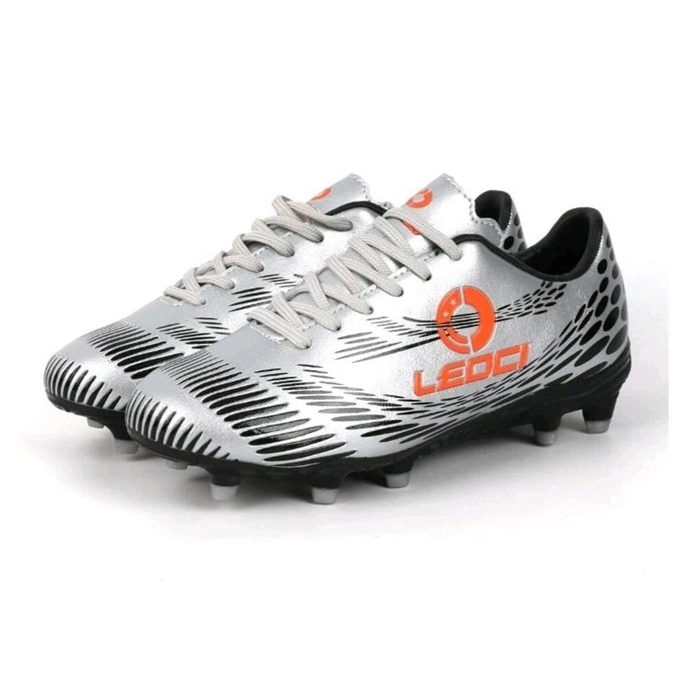 Ledci Size 4 Boys Girls Firm Ground Soccer Cleats Kids Athletic Silver Orange